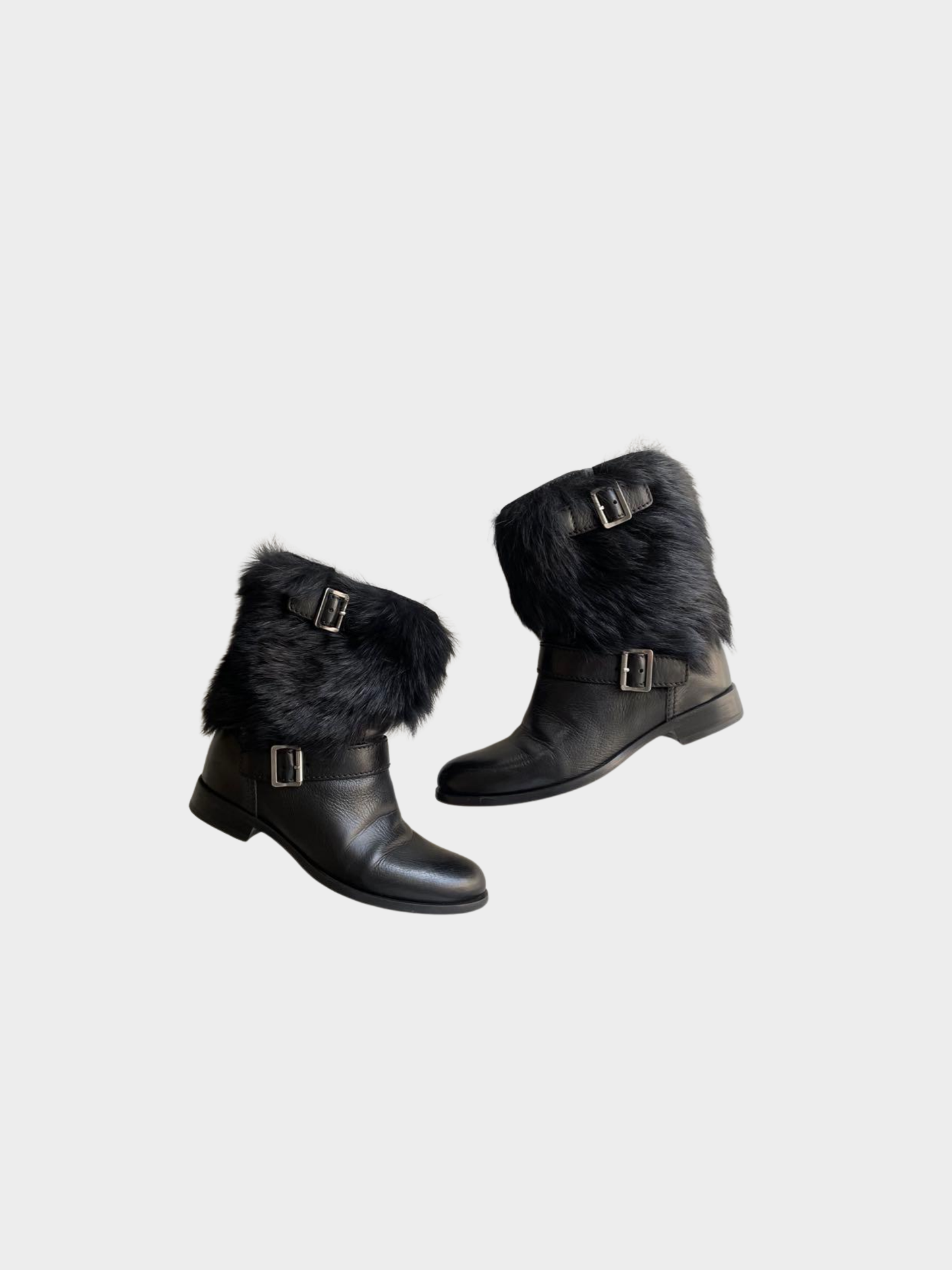 Prada 2000s Black Pony Fur Buckle Strap Ankle Boots