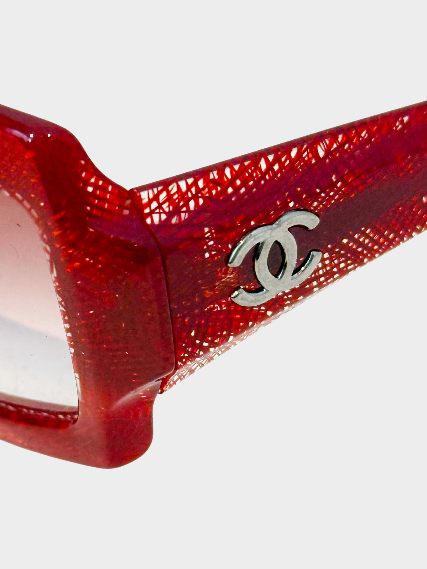 Chanel 2000s Red Mesh Detail Translucent Oversized Sunglasses