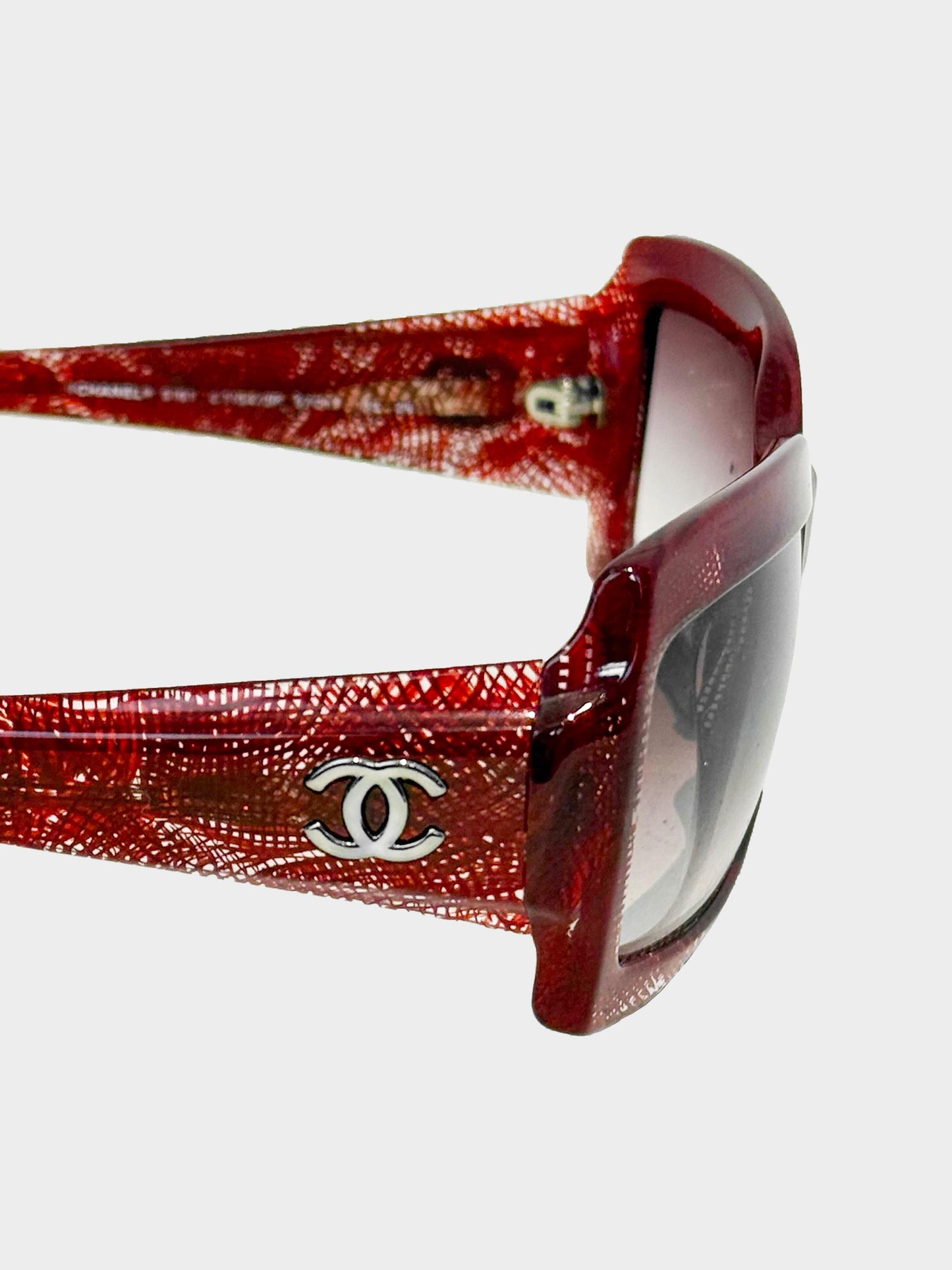 Chanel 2000s Red Mesh Detail Translucent Oversized Sunglasses