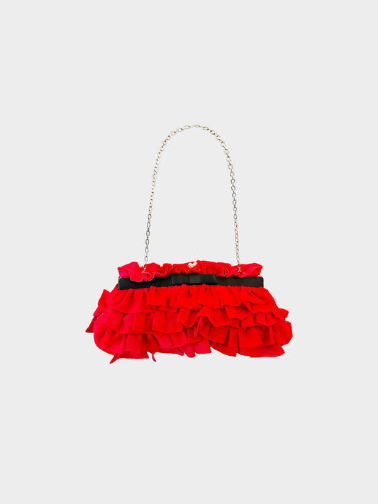 Valentino 2000s Red Chiffon and Satin Tiered Ruffled Evening Clutch