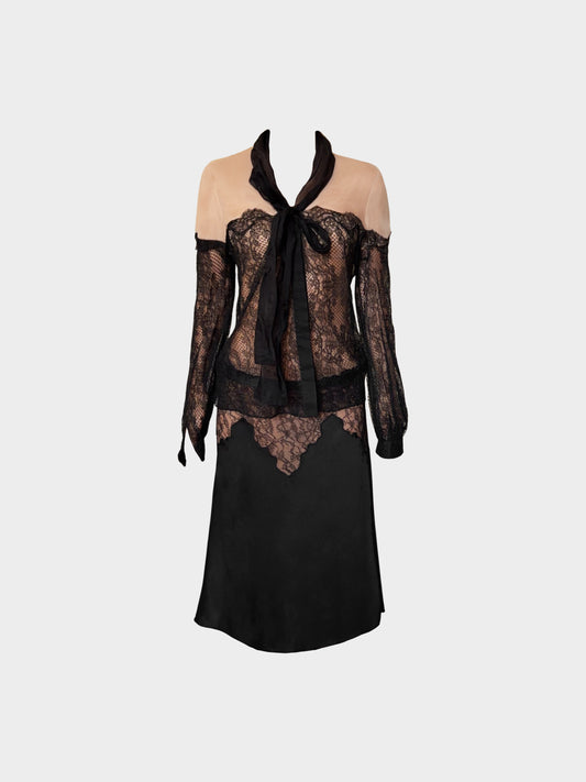 Valentino 2000s Black and Beige Lace Sheer Top and Skirt Set