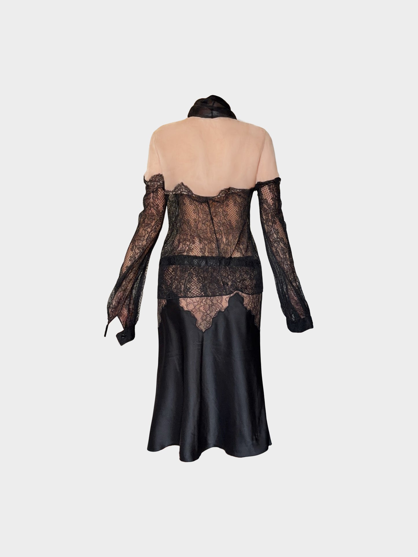 Valentino 2000s Black and Beige Lace Sheer Top and Skirt Set