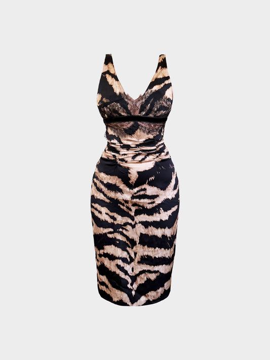 Roberto Cavalli 2007 Brown and Black Animal Print Lace Detail Silk Dress