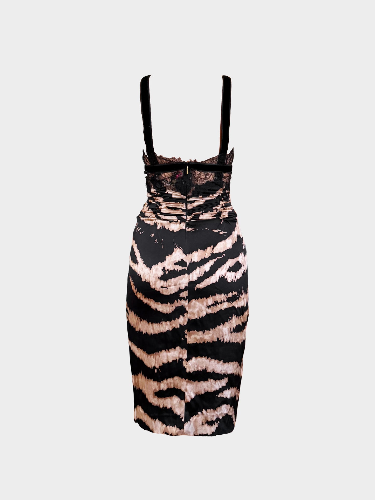 Roberto Cavalli 2007 Brown and Black Animal Print Lace Detail Silk Dress