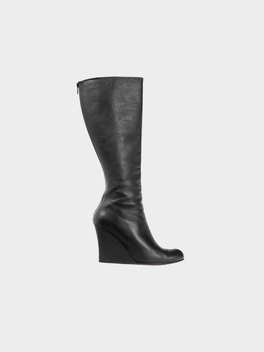 Christian Louboutin 2010s Zepita Black Leather Knee-High Wedge Boots