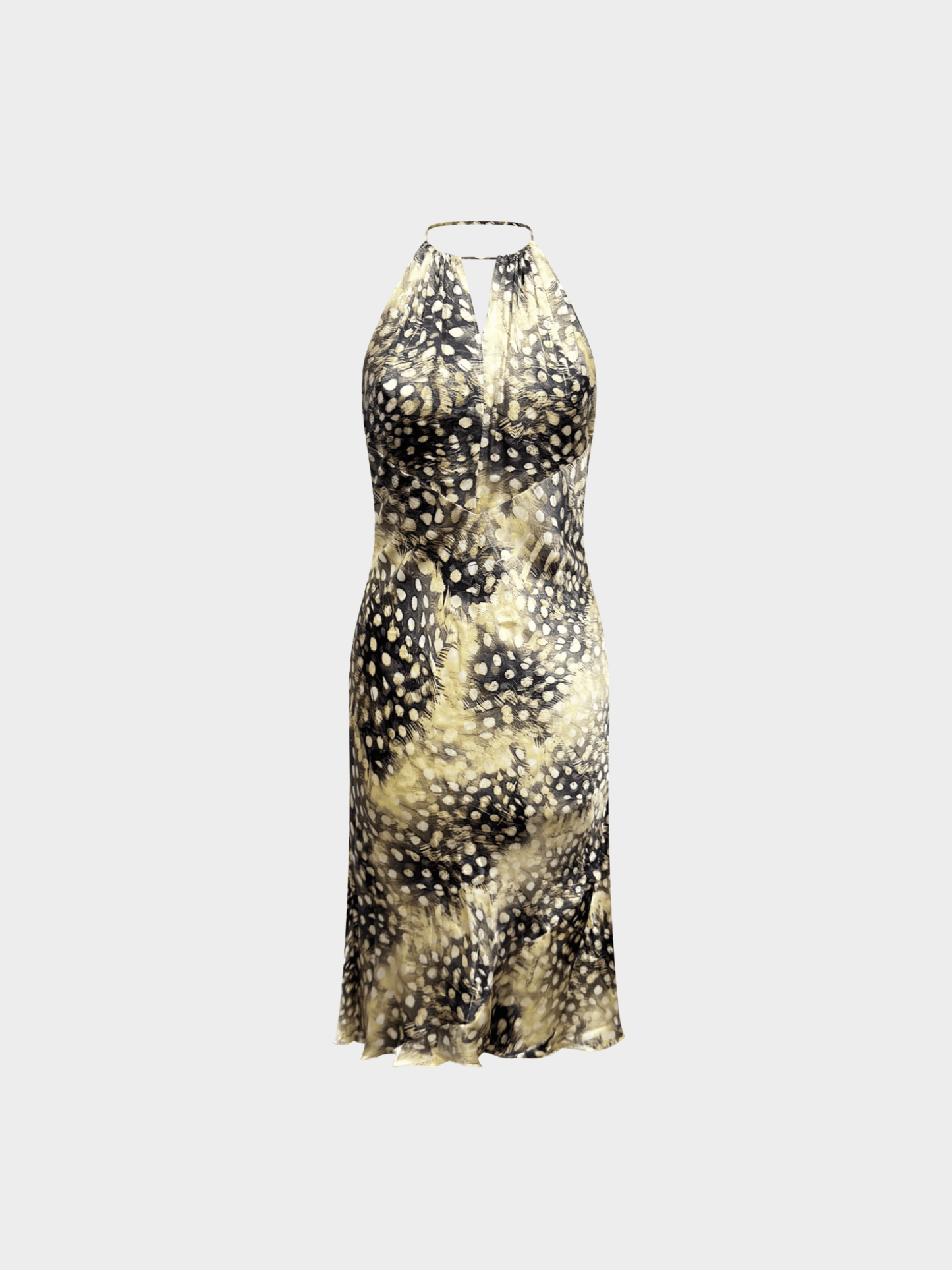 Roberto Cavalli SS 2004 Halter Neck Feather Printed Silk Dress