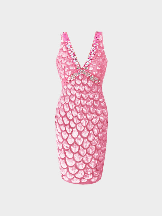 Blumarine 2000s Rare Pink Sequins and Crystal-embellished Seashell Dress