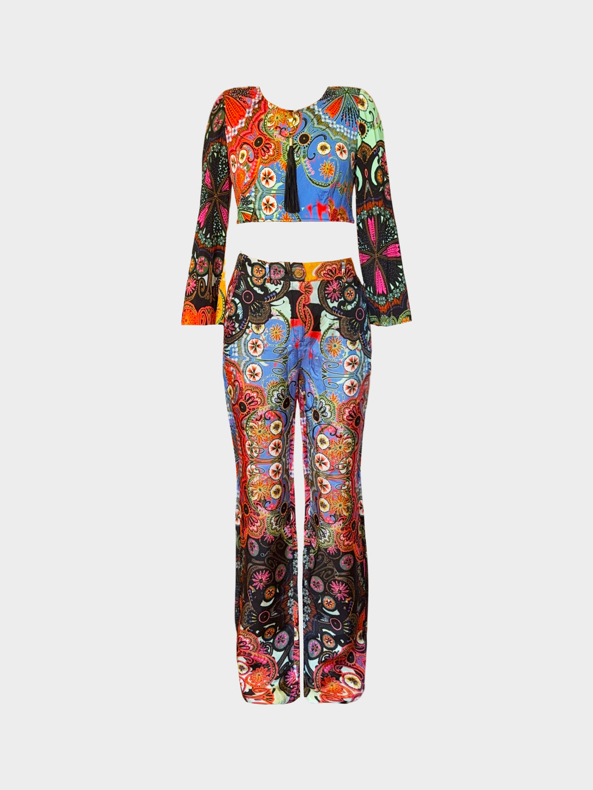 Roberto Cavalli 2000 Multicolored Vibrant  Floral Print Top and Pants Set