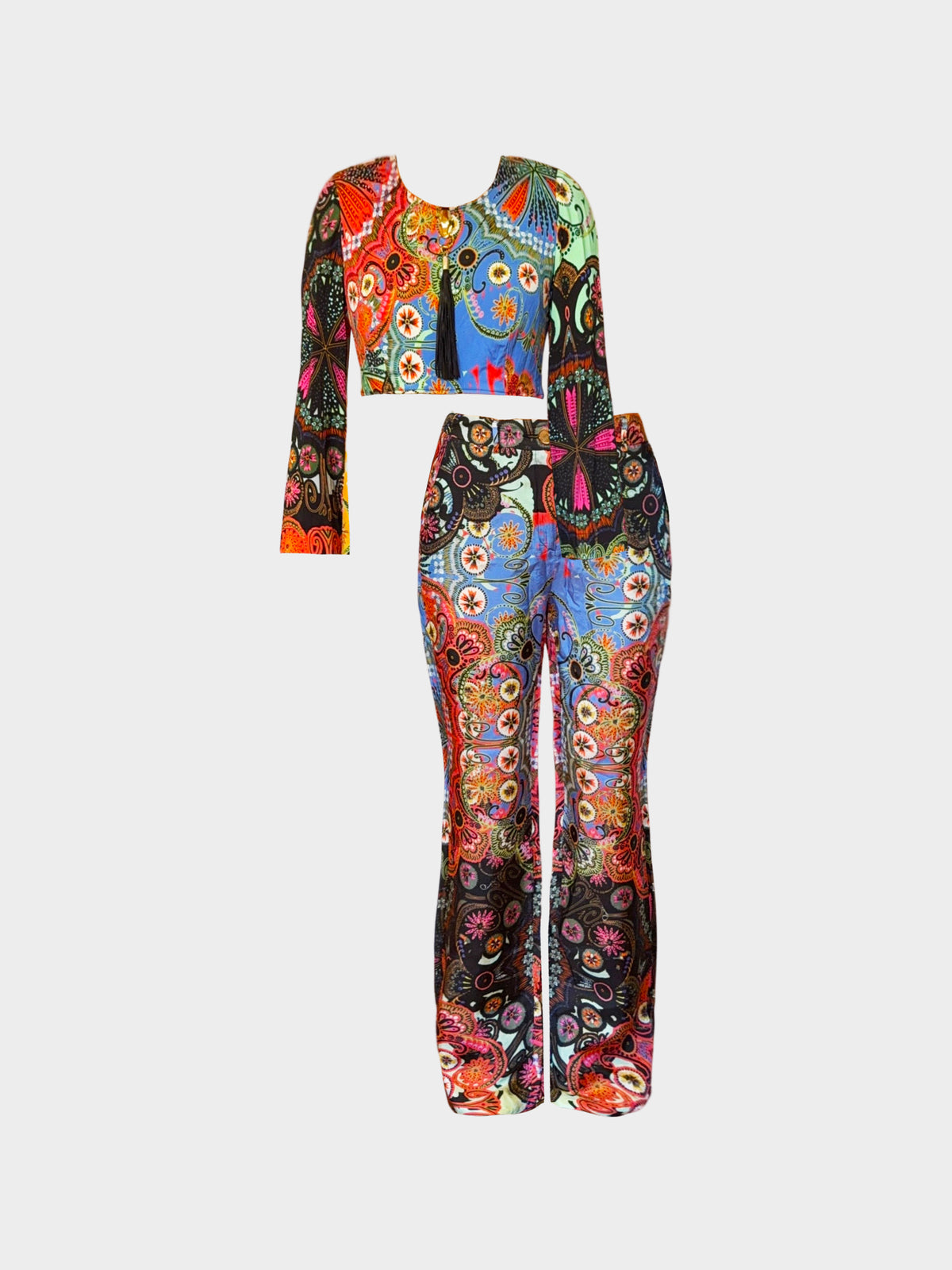 Roberto Cavalli 2000 Multicolored Vibrant  Floral Print Top and Pants Set