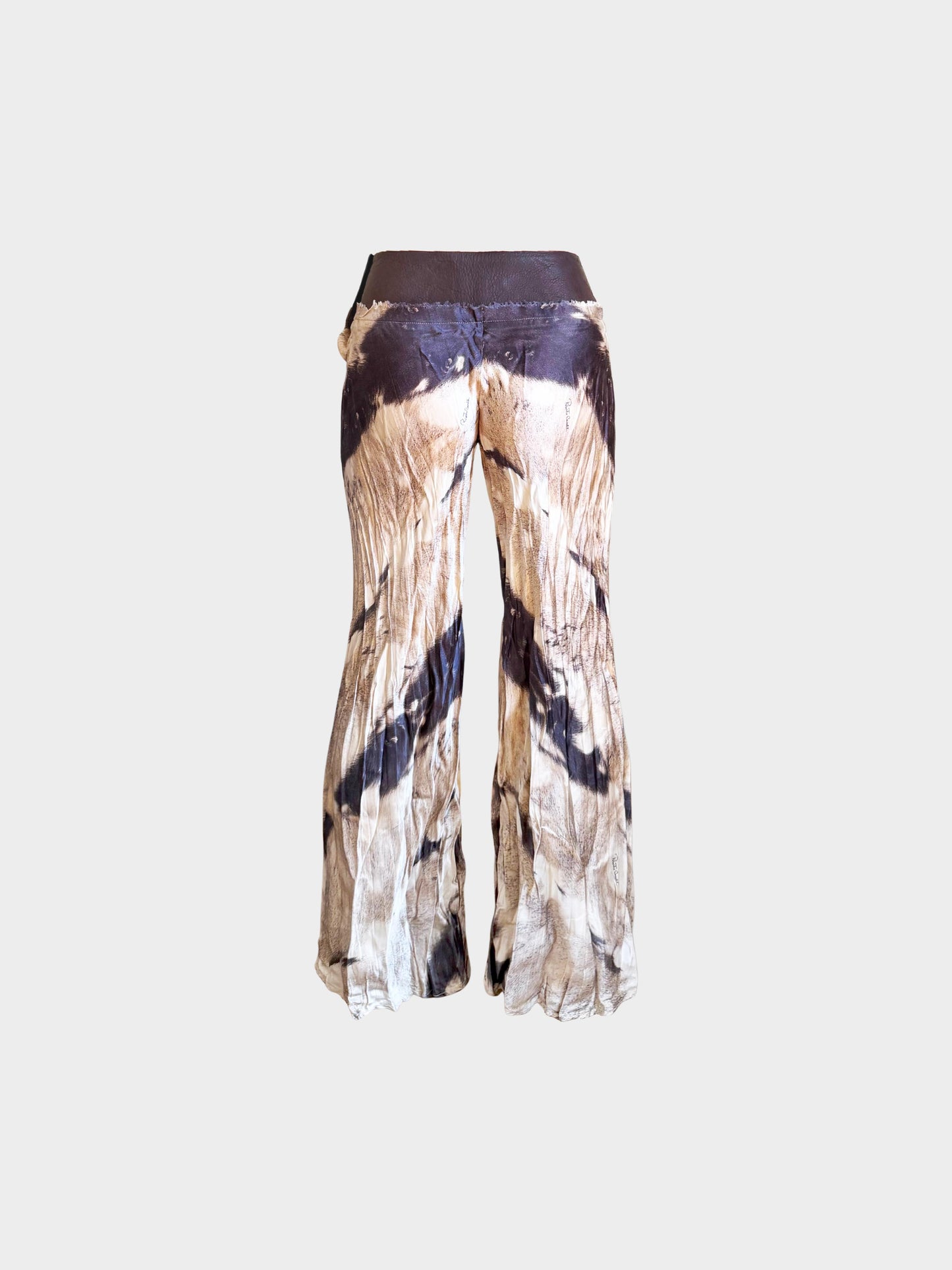 Roberto Cavalli 2000s Beige and Brown Animal Fur Print Leather and Silk Pants