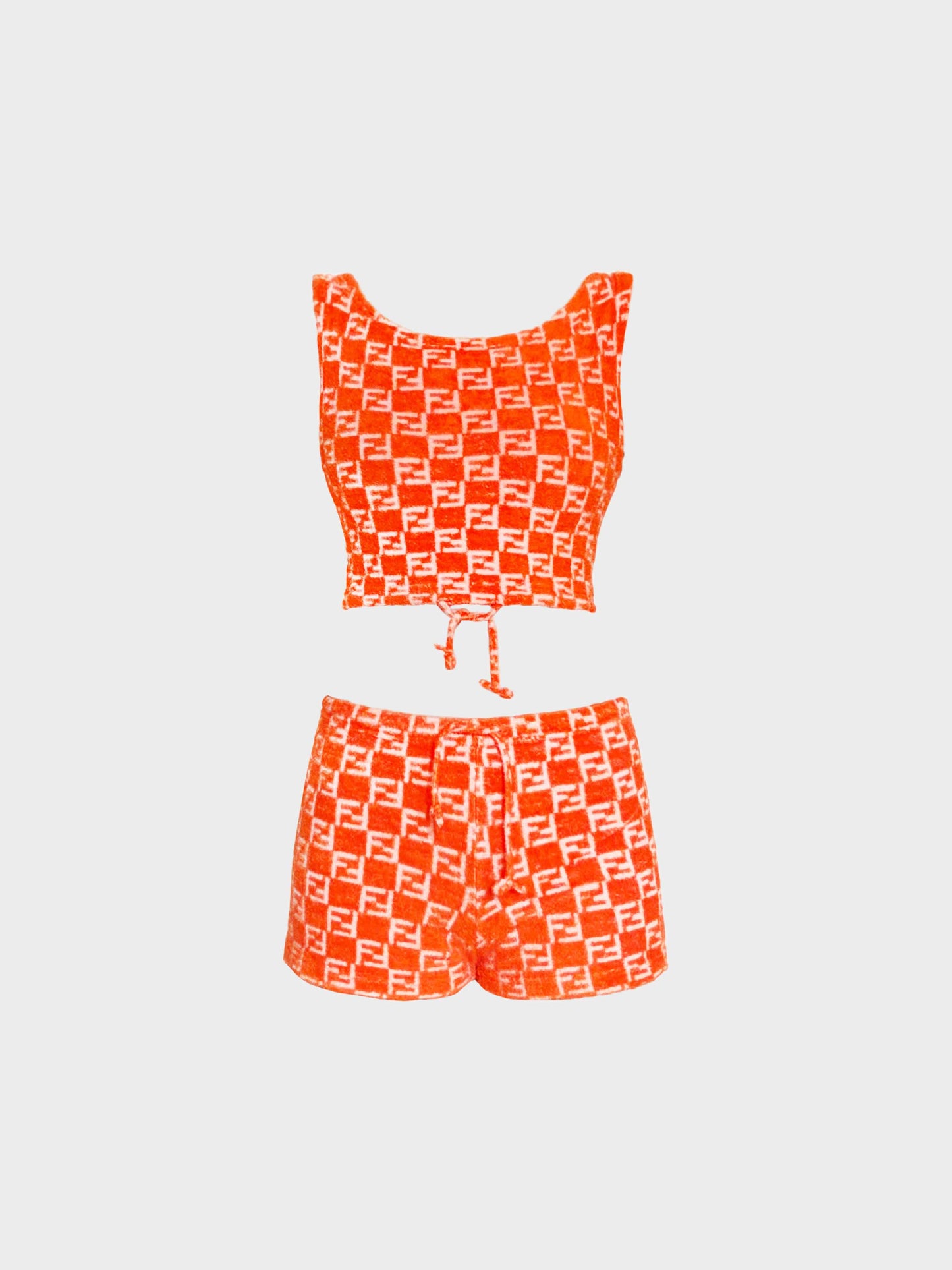 Fendi 1990s-2000s Orange Terrycloth Logo Print Top and Shorts Set