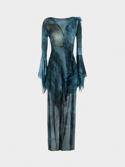 Emanuel Ungaro 1990s Navy Blue Silk Chiffon Top and Pants Set