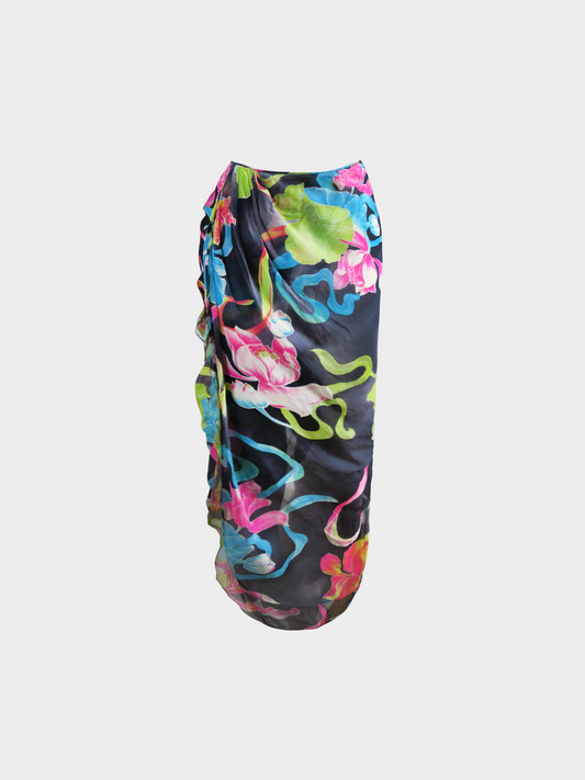 Emanuel Ungaro SS 2004 Black Floral Printed Ruched Midi Skirt