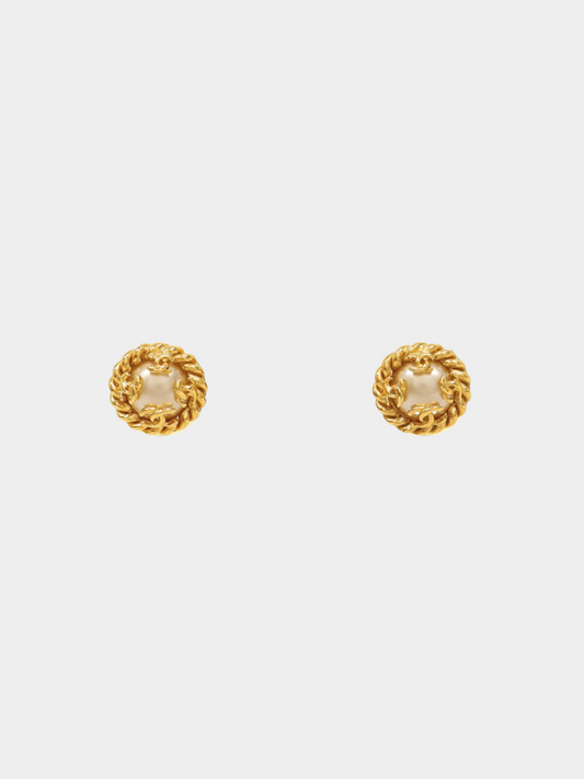 Chanel 1990s Gold Plated Metal and Pearl Round Rope Earrings