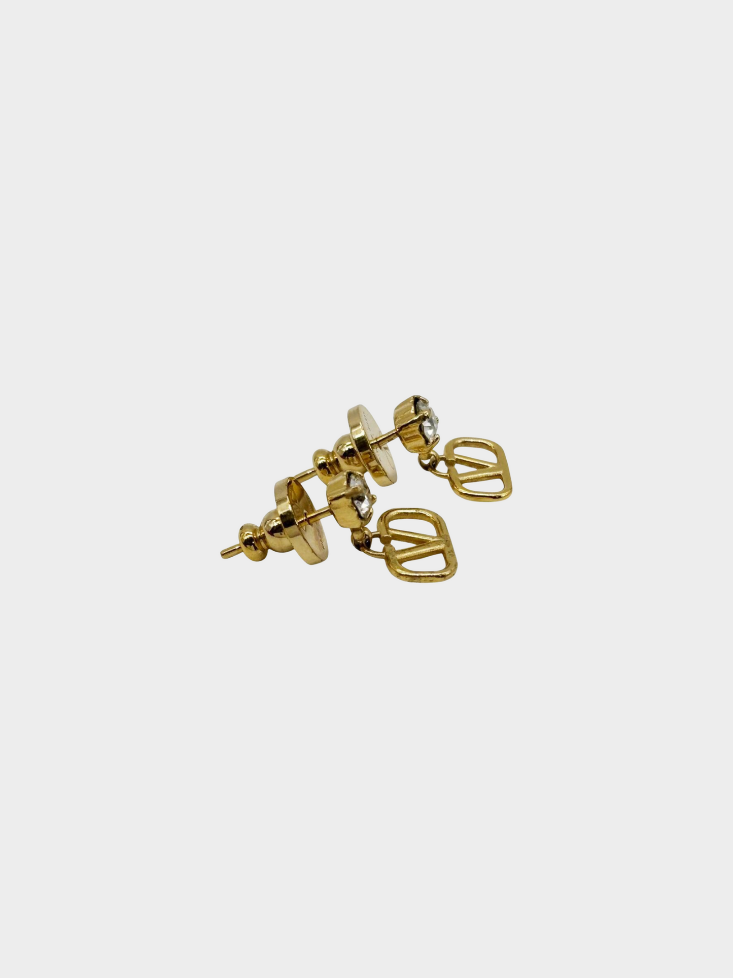 Valentino 2010s Gold Rhinestone V Logo Signature Earrings