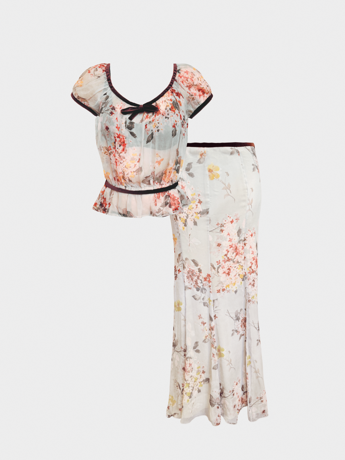 Valentino 2000s Pale Blue Floral Printed Top and Skirt Set