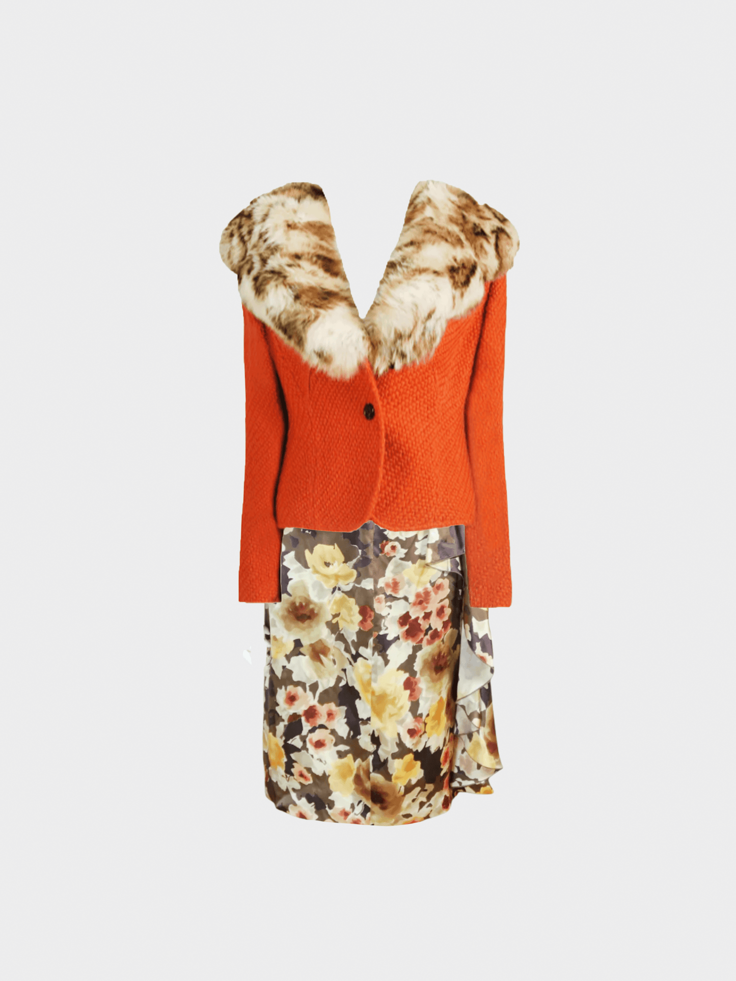 Valentino FW 2004 Runway Orange Fur Trim Jacket and Floral Midi Dress