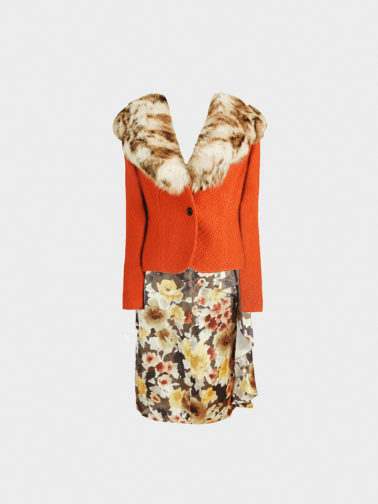 Valentino FW 2004 Runway Orange Fur Trim Jacket and Floral Midi Dress
