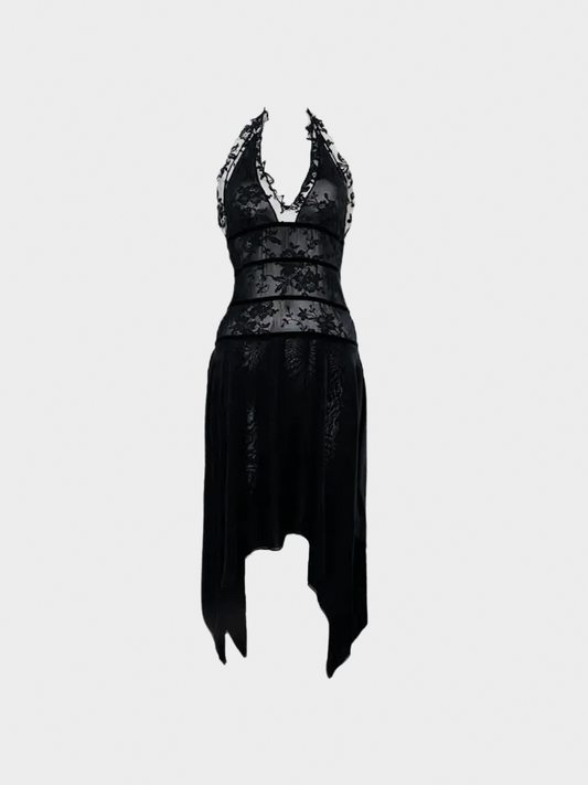 Valentino 2000s Black Midi Dress with Floreal Laced Details