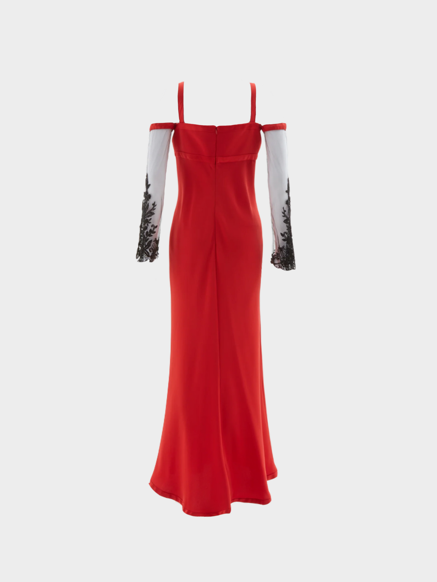 Valentino FW 2005 Red Silk with Black Sheer Sleeves Maxi Dress