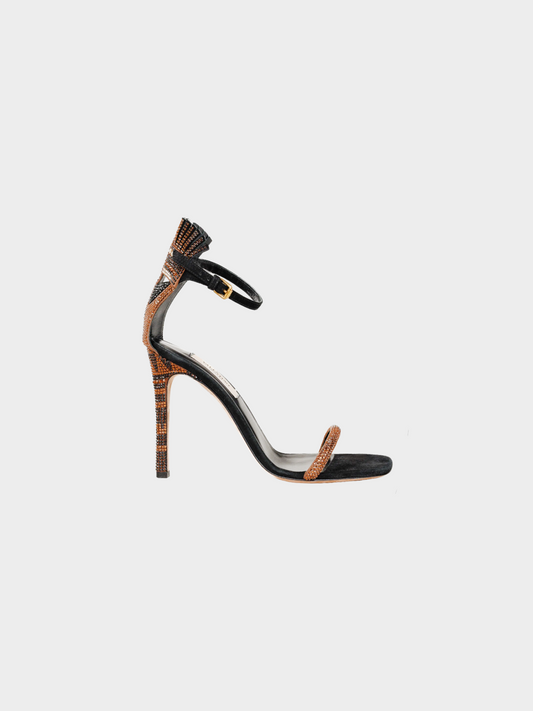 Valentino SS 2016 Black and Brown Glam Mask Tribe Crystal-Embellished Suede Sandals