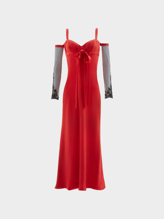 Valentino FW 2005 Red Silk with Black Sheer Sleeves Maxi Dress
