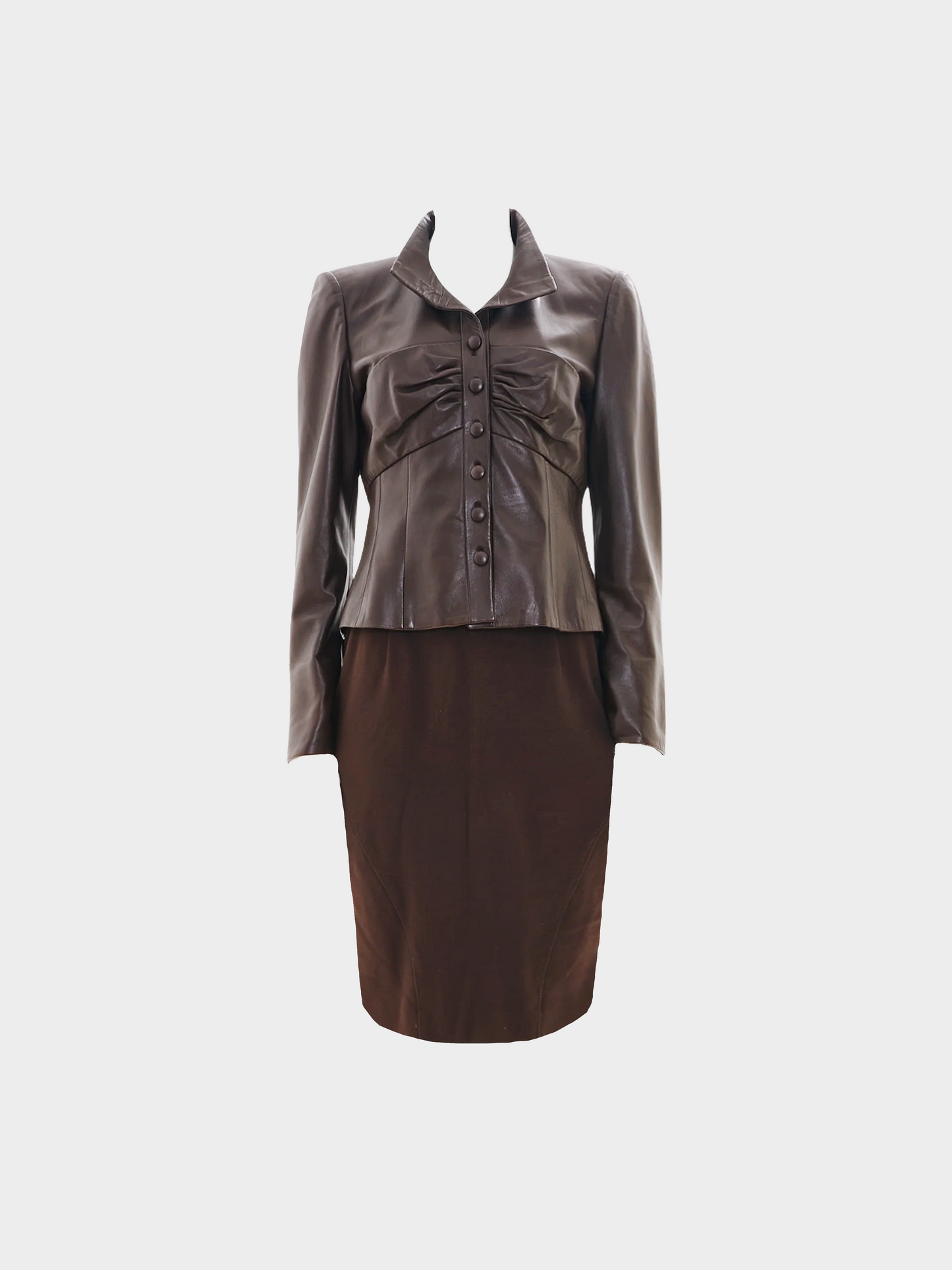 Valentino 2000s Brown Leather Jacket and Tube Skirt Set