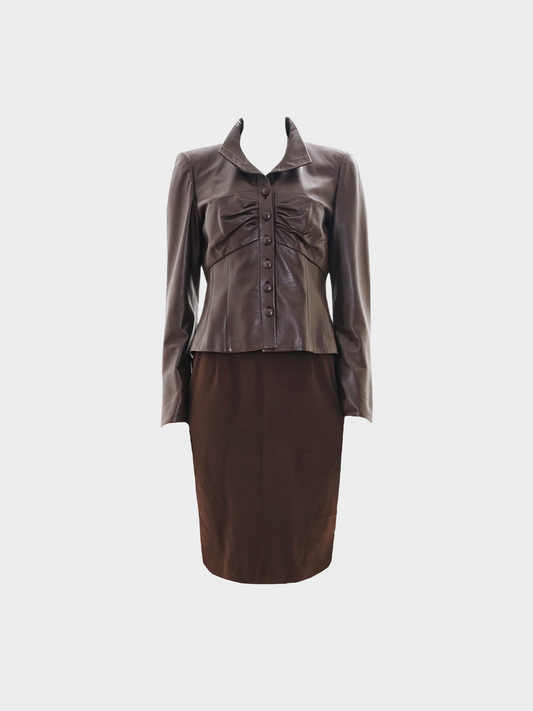 Valentino 2000s Brown Leather Jacket and Tube Skirt Set