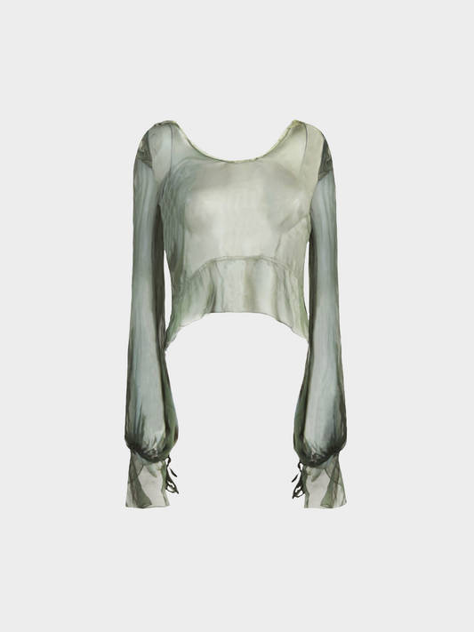 Valentino 1990s Light Sage Green Sheer Silk Long Sleeved Top