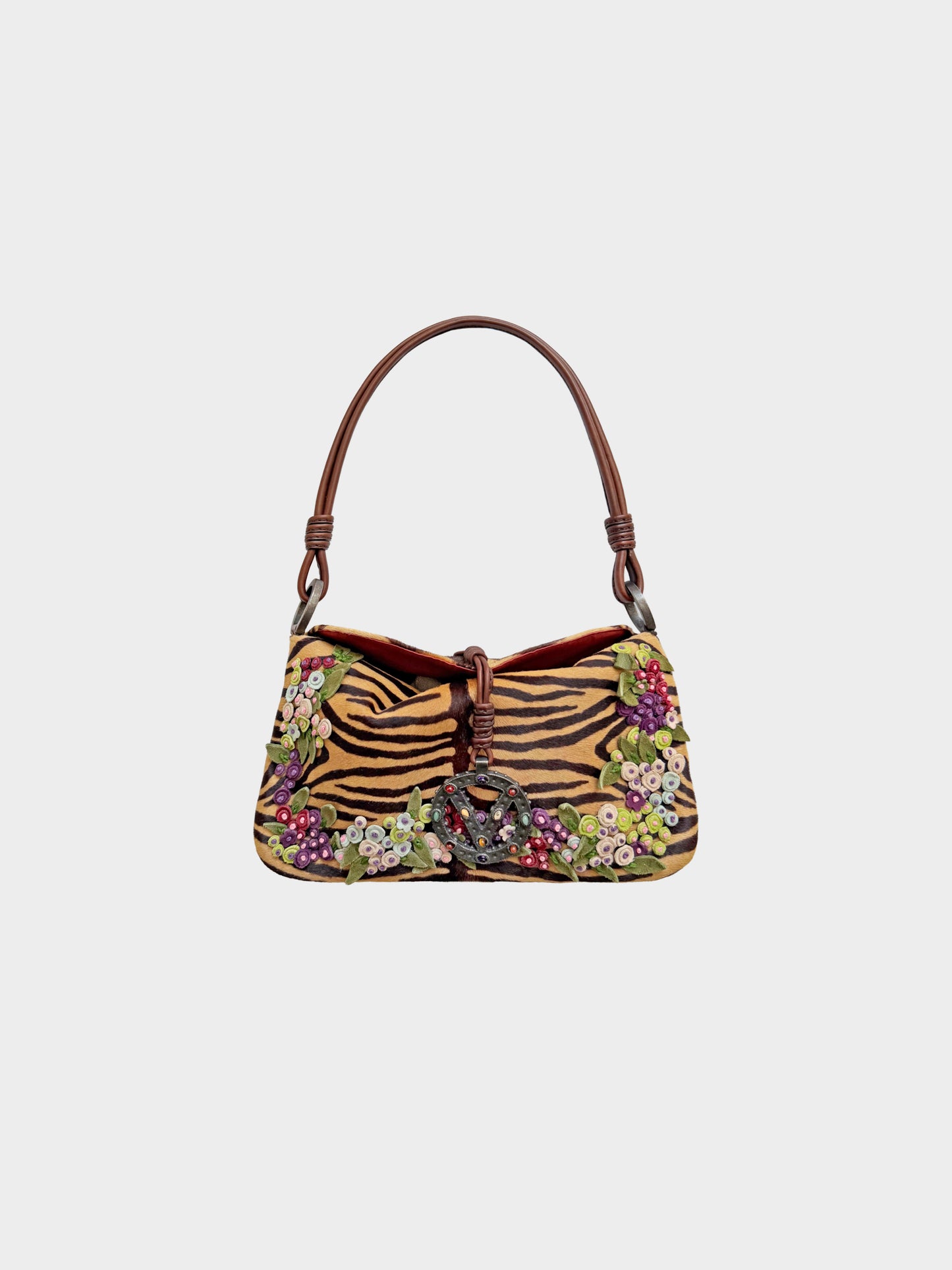 Valentino 2000s Zebra Print Ponyhair and Calfskin Floral-detailed Shoulder Bag