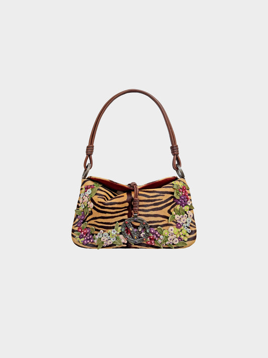 Valentino 2000s Zebra Print Ponyhair and Calfskin Floral-detailed Shoulder Bag