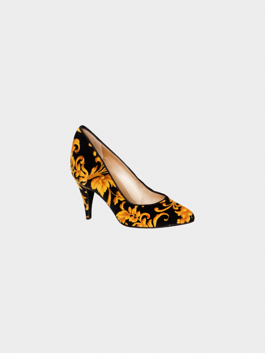 Gianni Versace 1991 Black and Gold Rococo Baroque Pumps Heels