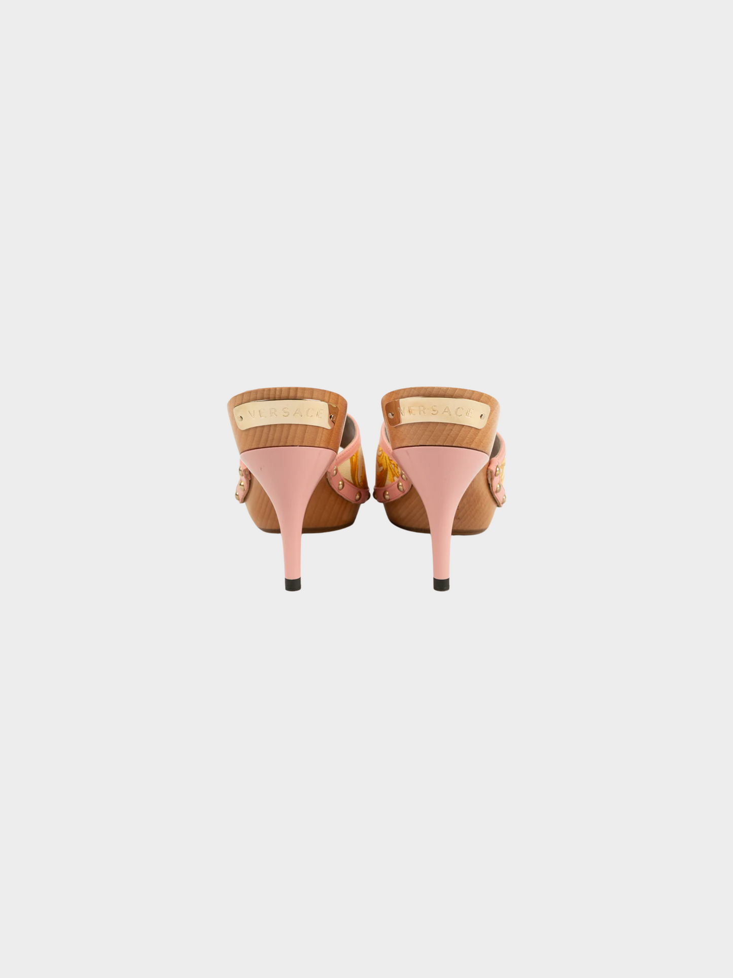 Versace 2000s Pink Printed Wooden Sole Mules