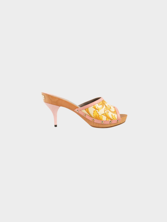 Versace 2000s Pink Printed Wooden Sole Mules