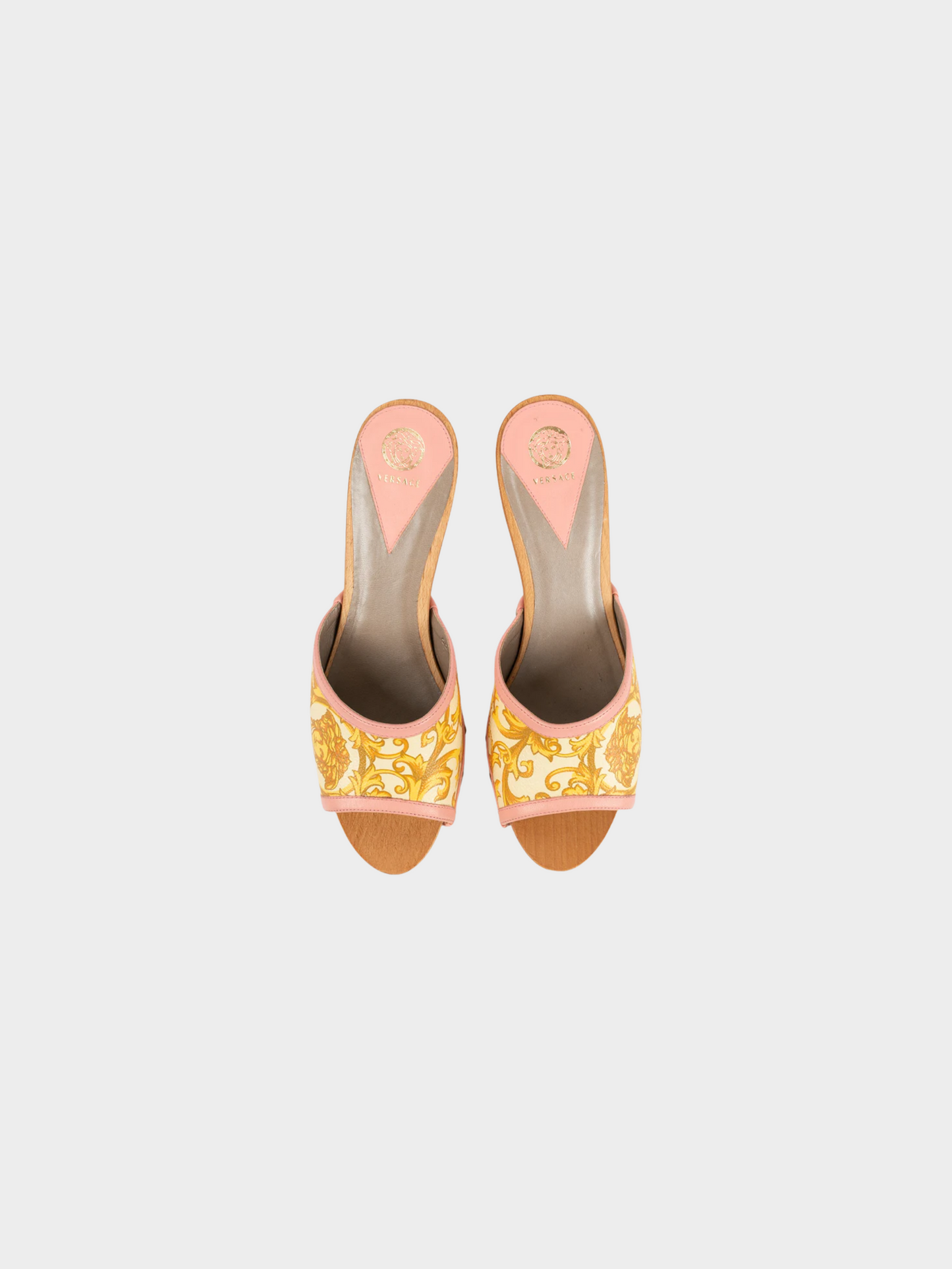 Versace 2000s Pink Printed Wooden Sole Mules