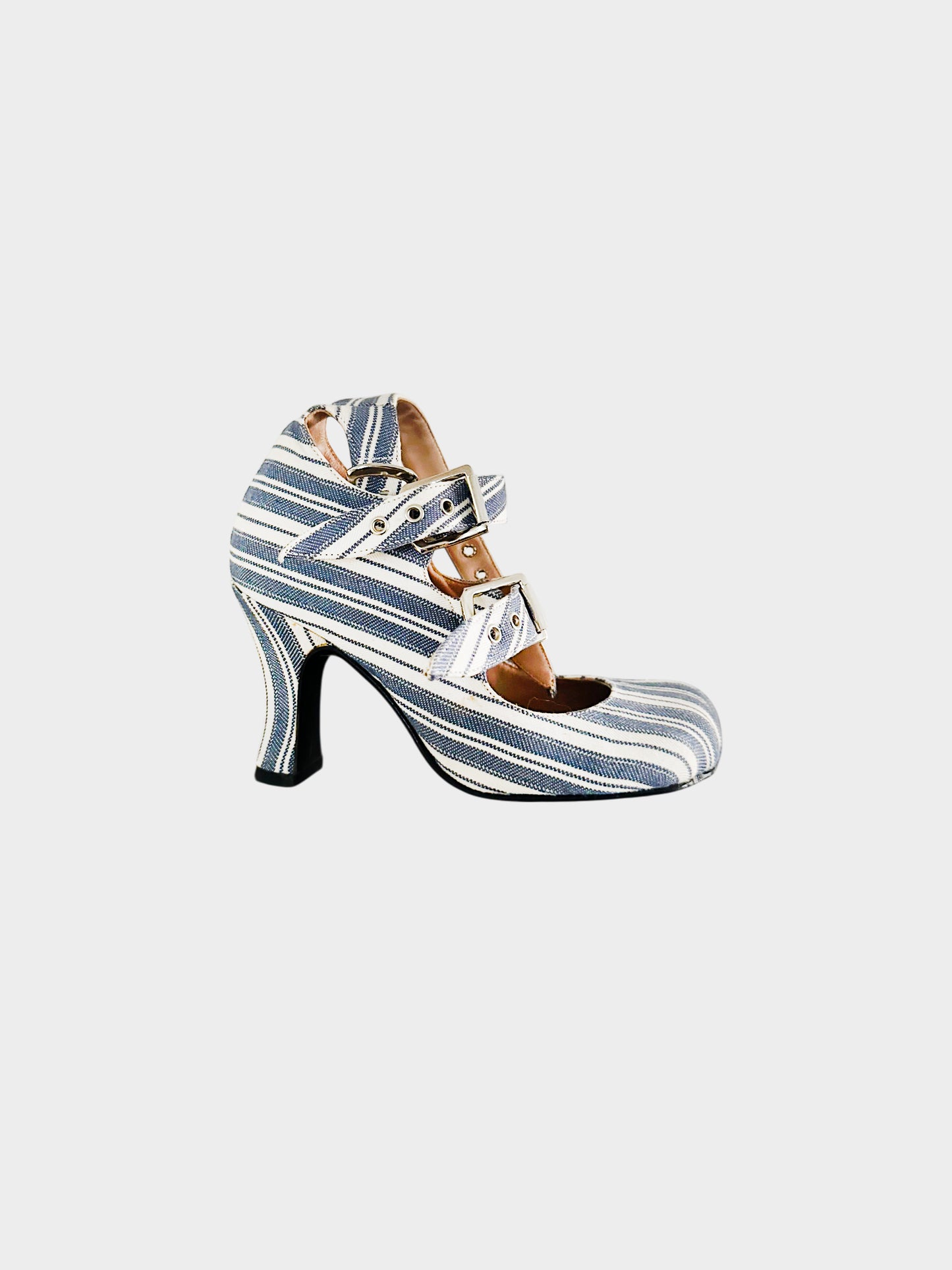 Vivienne Westwood 1990s Striped Canvas Three Buckle Mary Jane Heels