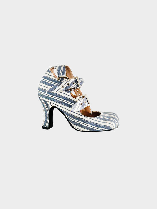 Vivienne Westwood 1990s Striped Canvas Three Buckle Mary Jane Heels
