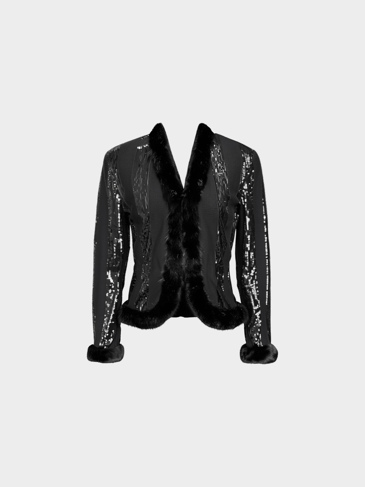 Valentino 2000s Black Sequin and Beaded Fur-Trimmed Jacket