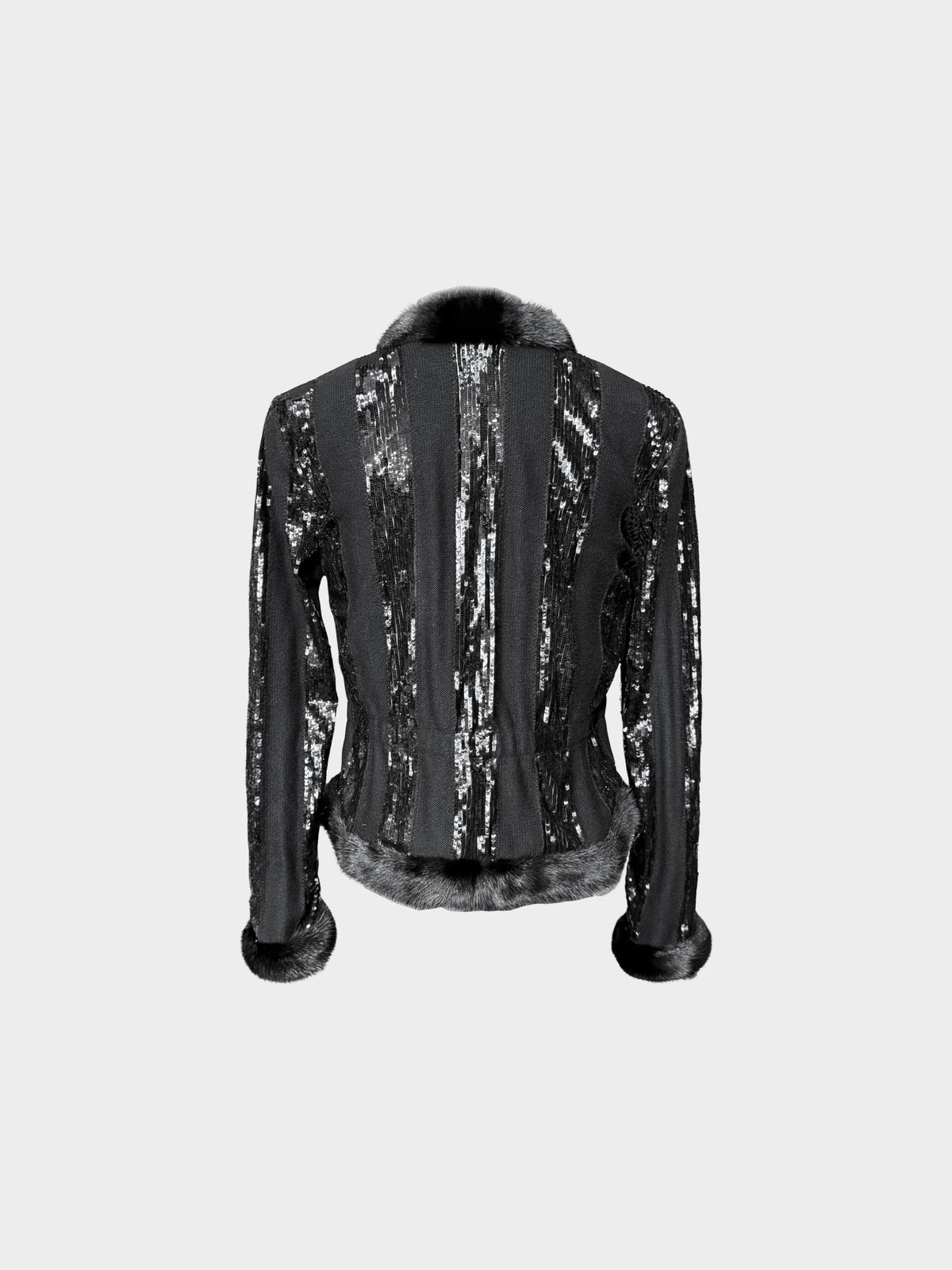 Valentino 2000s Black Sequin and Beaded Fur-Trimmed Jacket