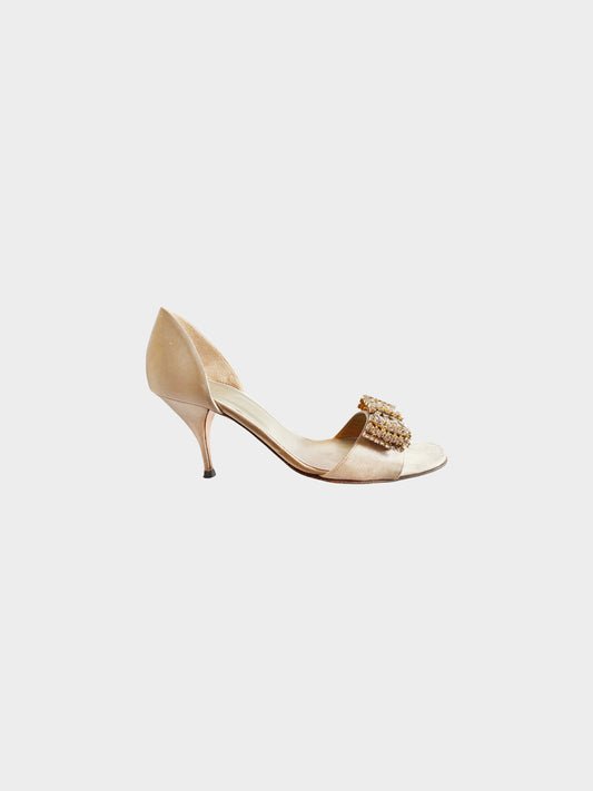Valentino 2010s Taupe Satin Rhinestone Bow Heels
