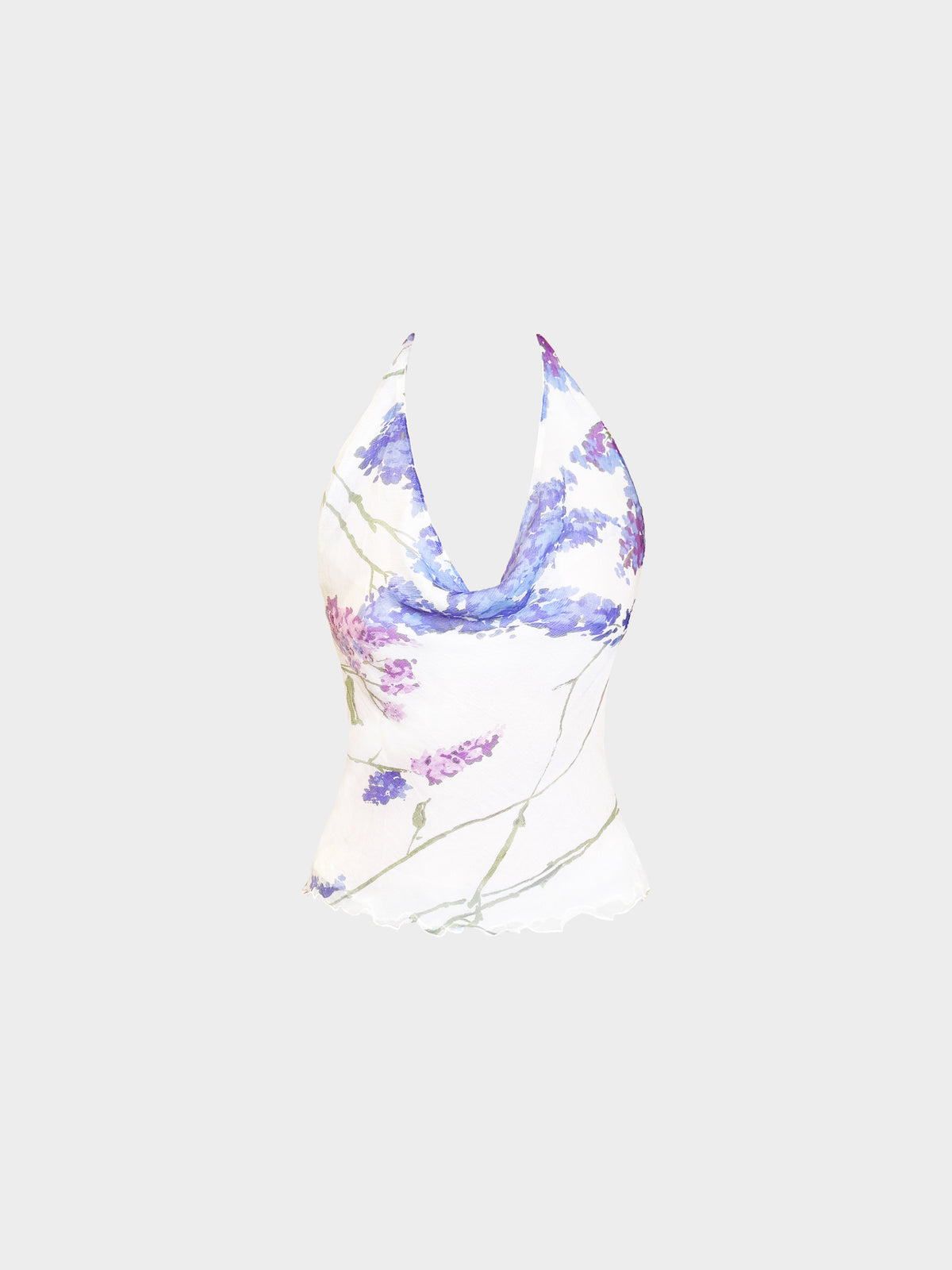Valentino 2000s Lavender Floral Print Cowl Neck Silk Top
