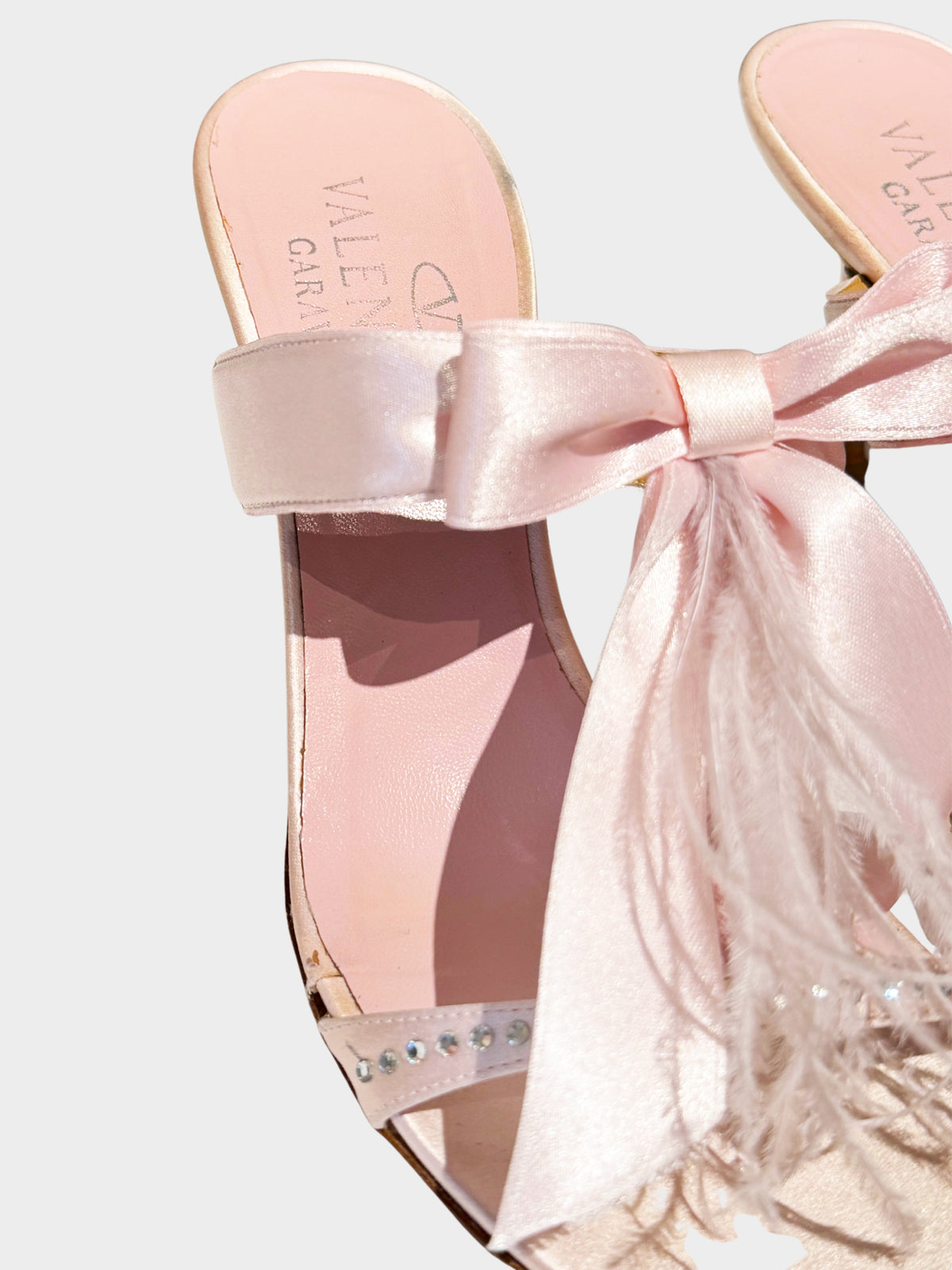 Valentino 2000s Light Pink Satin Bow and Feather Detailed Heels