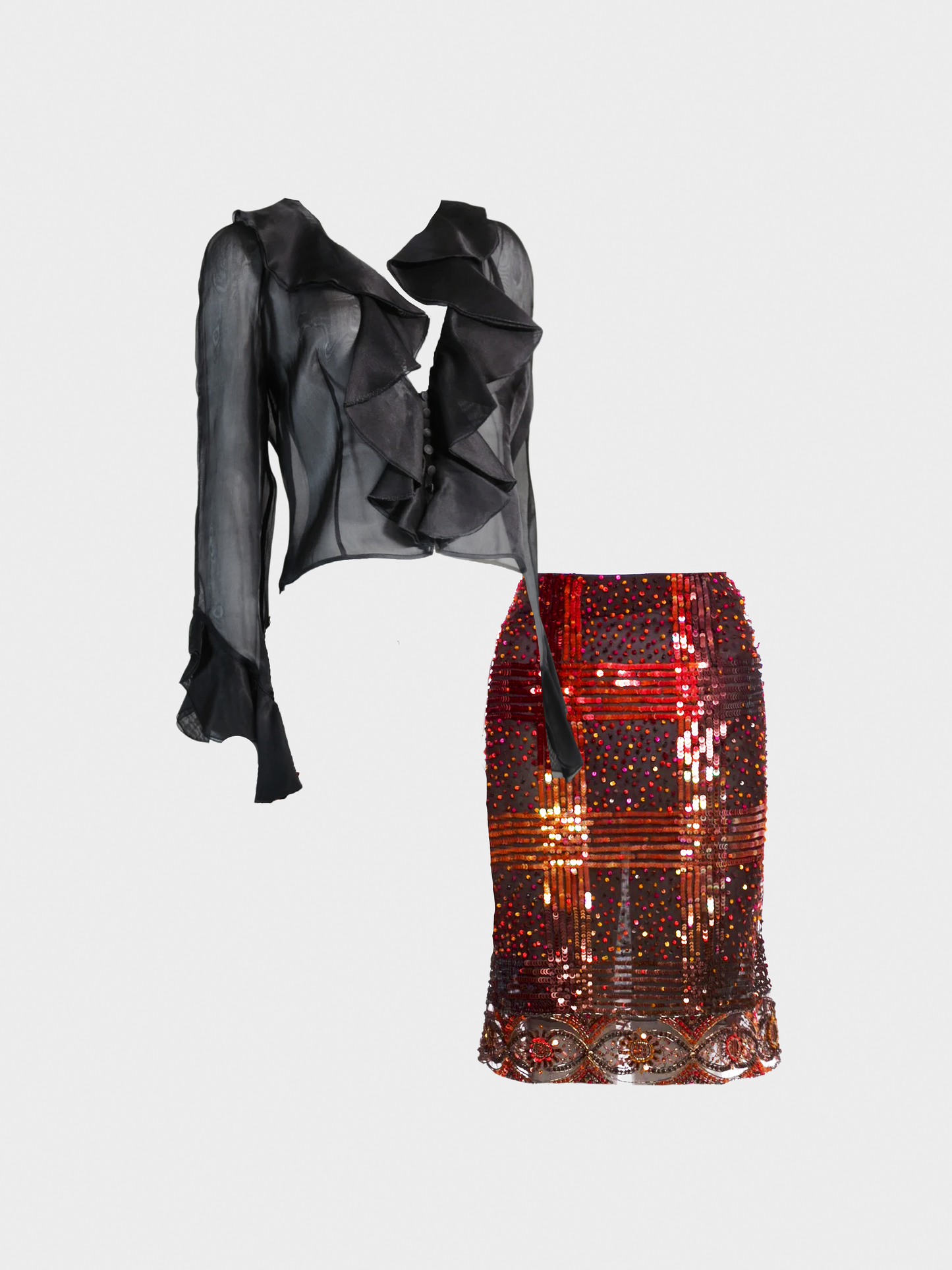 Valentino 2000s Black Sheer Ruffle Top and Beaded Skirt Set