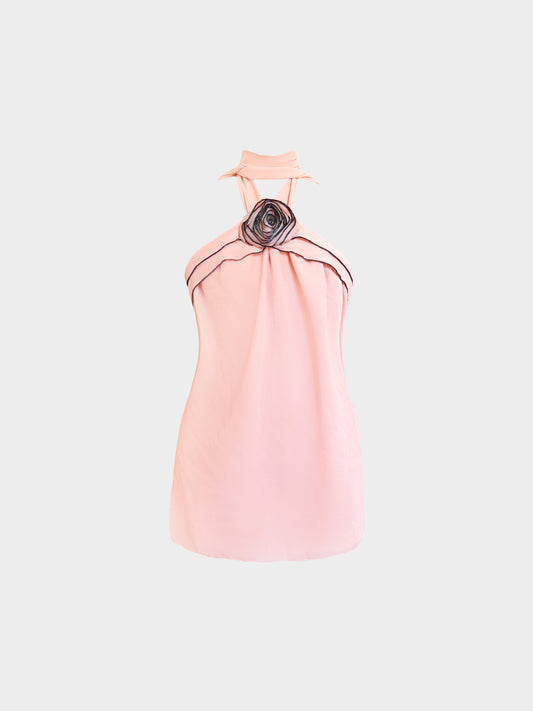 Valentino 2000s Pink Silk Chiffon Floral Detail Halter Neck Top