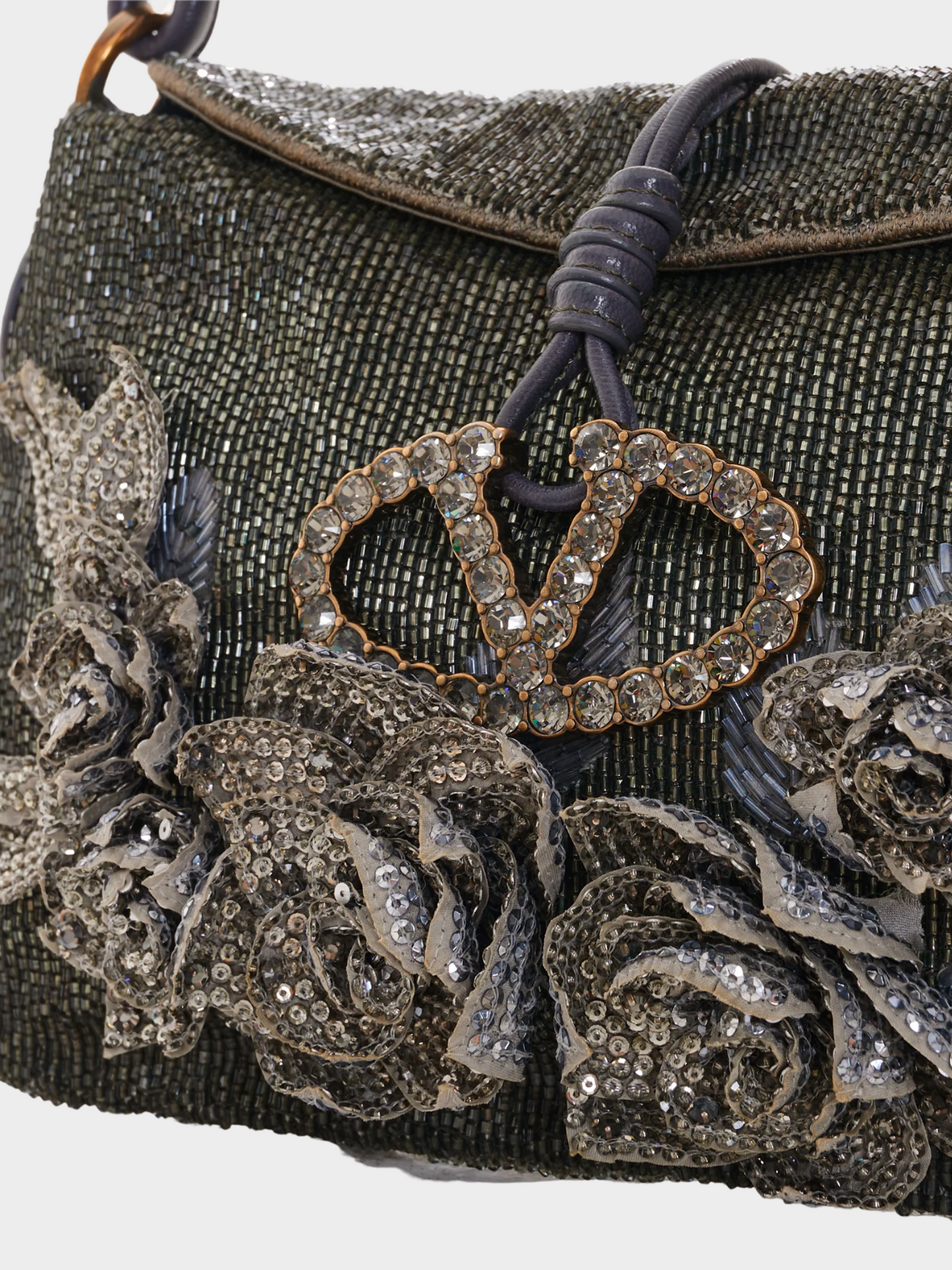 Valentino 2000s Grey Beaded and Embroidered Satin Evening Shoulder Bag
