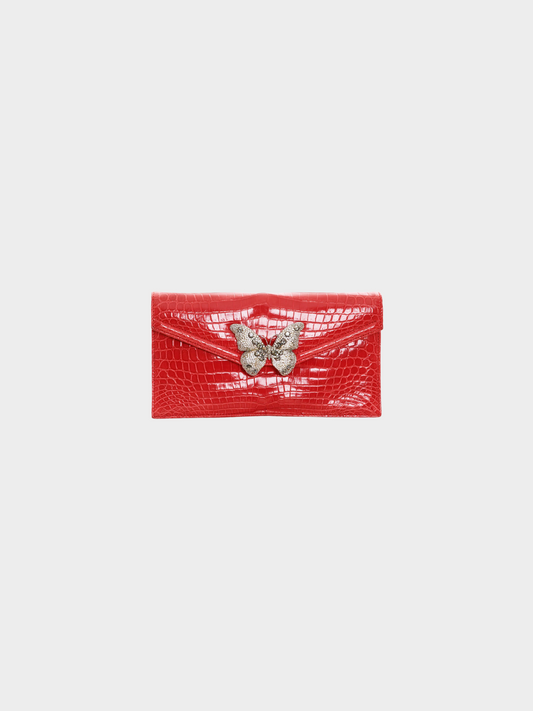 Valentino 2000s Red Butterfly Embellished Crocodile Clutch Bag