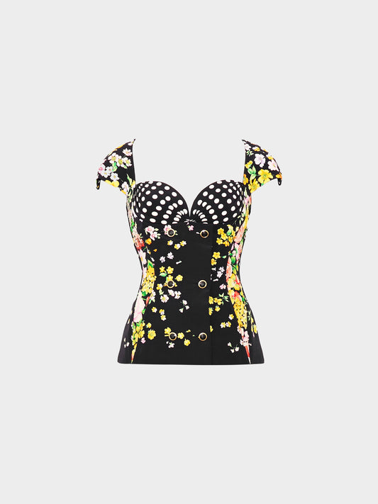 Gianni Versace SS 1993 Couture Polka Dot and Floral Print Silk Crepe Top