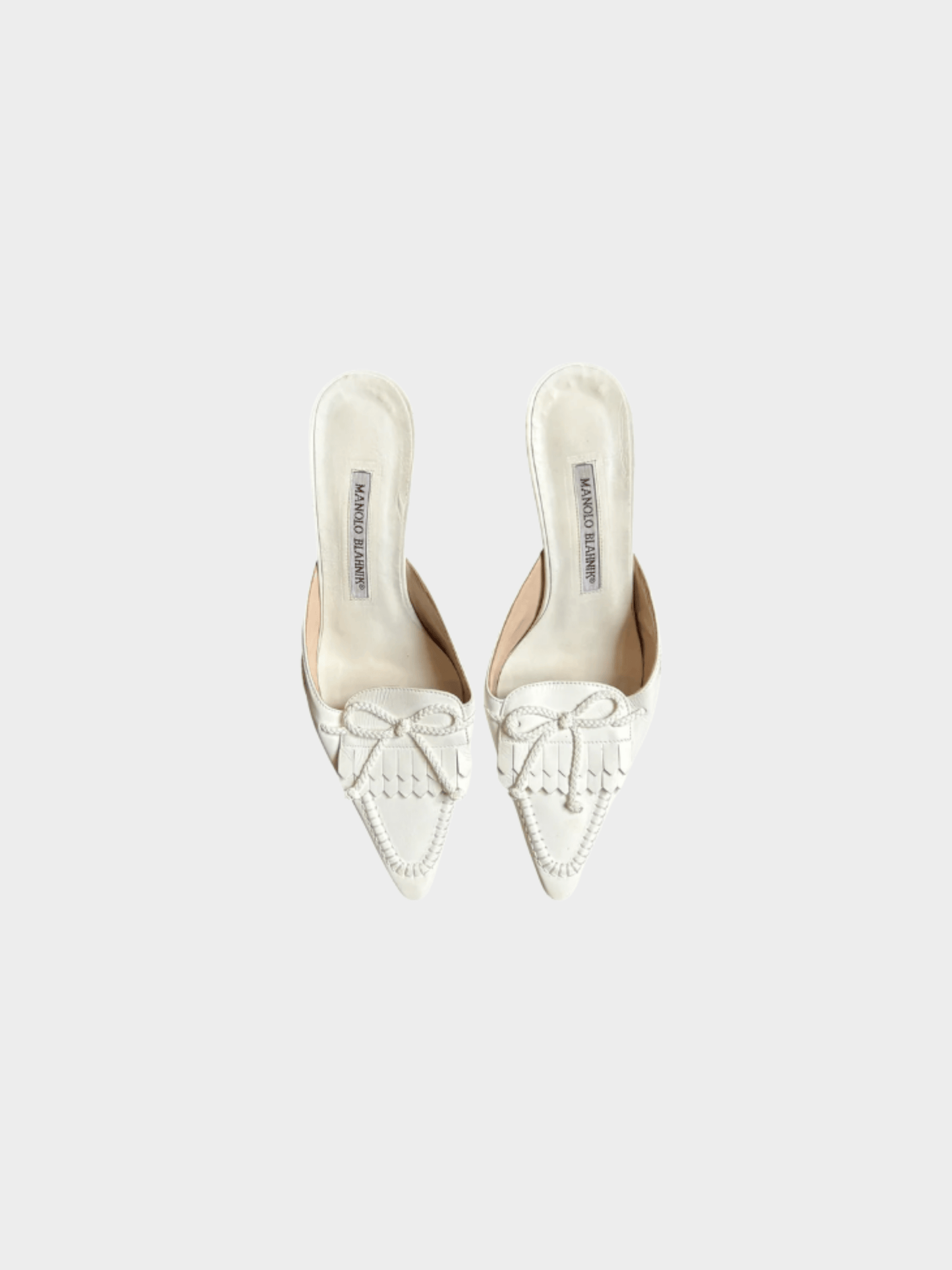 Manolo Blahnik 2000s White Tassel Bow Tie Mule Heels