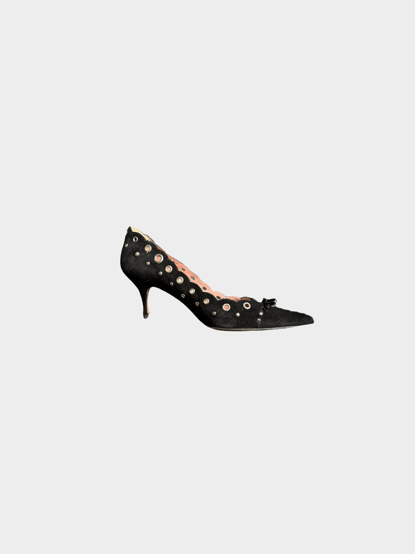 Prada 1990s Black Suede Eyelet and Bow Heels