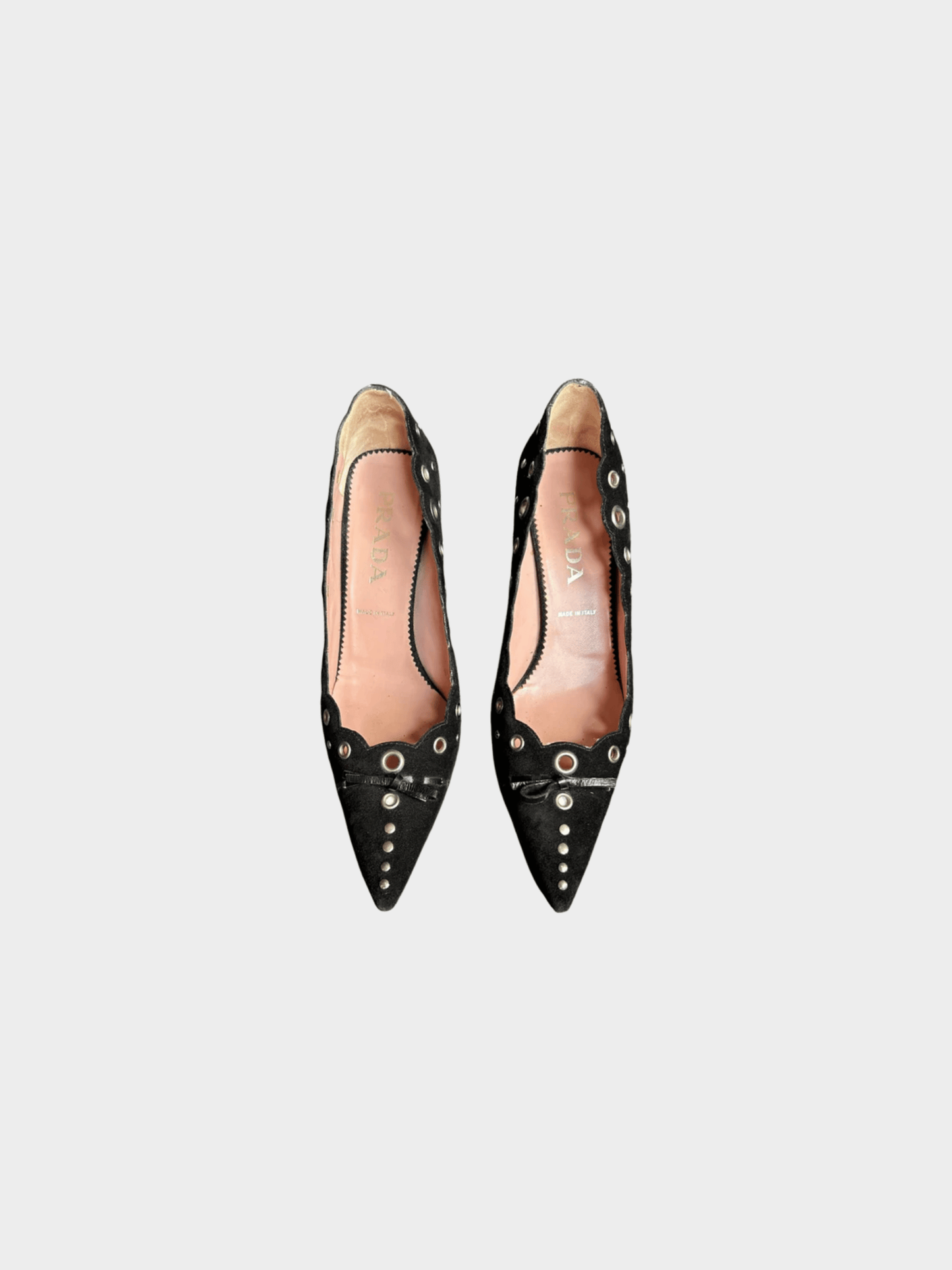 Prada 1990s Black Suede Eyelet and Bow Heels